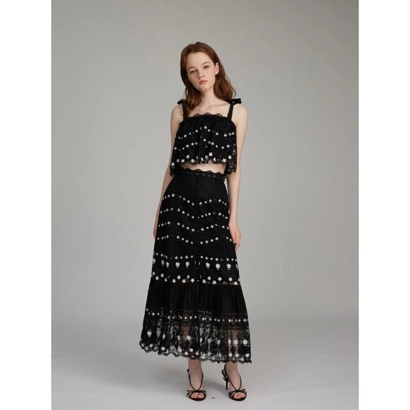 Saloni Jemi Top Black Crop Floral Embroidered Ruffle $325, Size 2 (US) NWT! - Picture 1 of 5